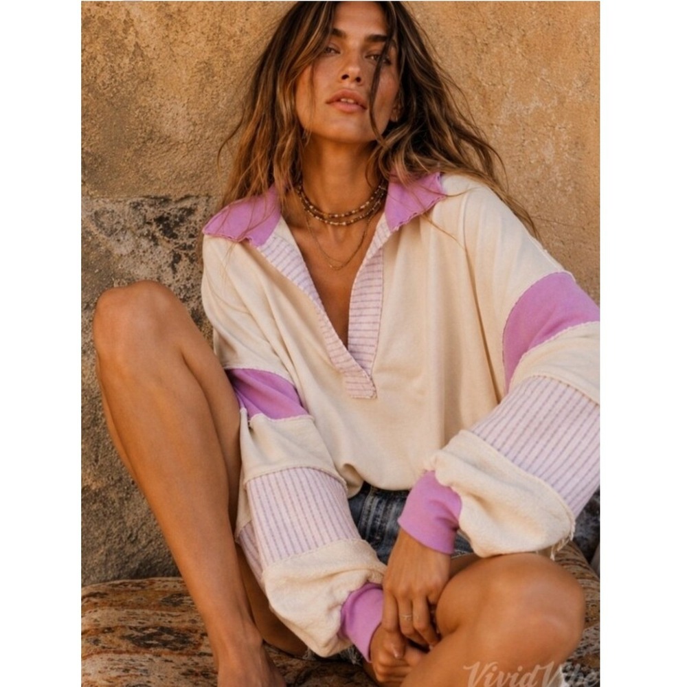 Bucket List Oversized Colorblock Sweatshirt Cream Lavender Boho Raw Hem Large